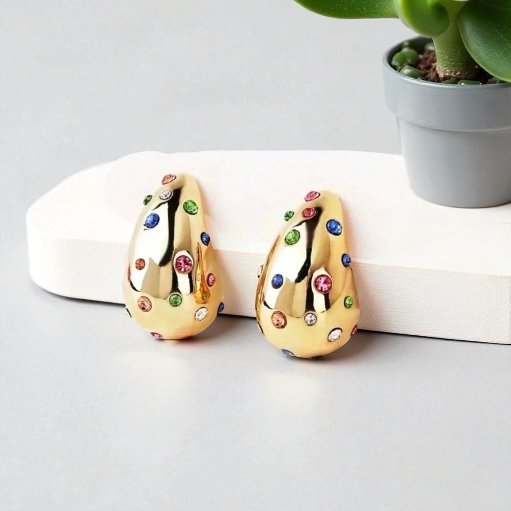 ✅NEW✅ 18K Gold Plated Stainless Steel Water Droplet Earrings W C-Crystals